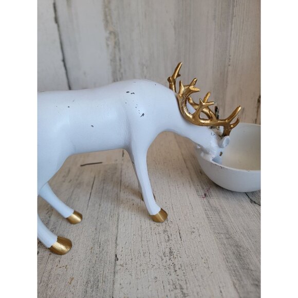 Metal bowl candy serving Xmas deer buck Xmas figure decor gold white unique - Picture 9 of 10